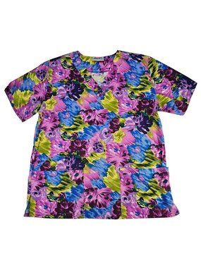 Jasco Scrub Shirt Top Women's Size M Medium - Purple Yellow Blue Floral Print